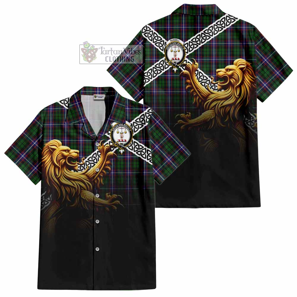 Russell Crest Tartan Hawaiian Shirt with Golden Lion Emblem Celtic Style - Tartan Vibes Clothing