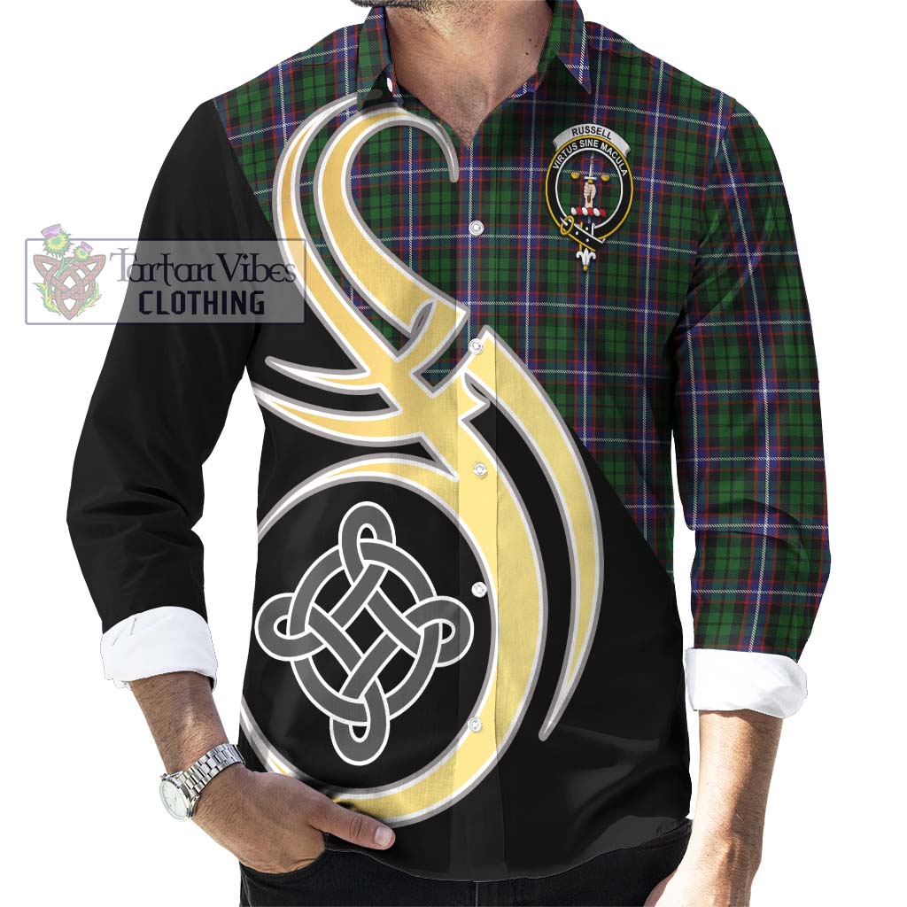 Russell Tartan Long Sleeve Button Shirt with Family Crest and Celtic Symbol Style - Tartan Vibes Clothing