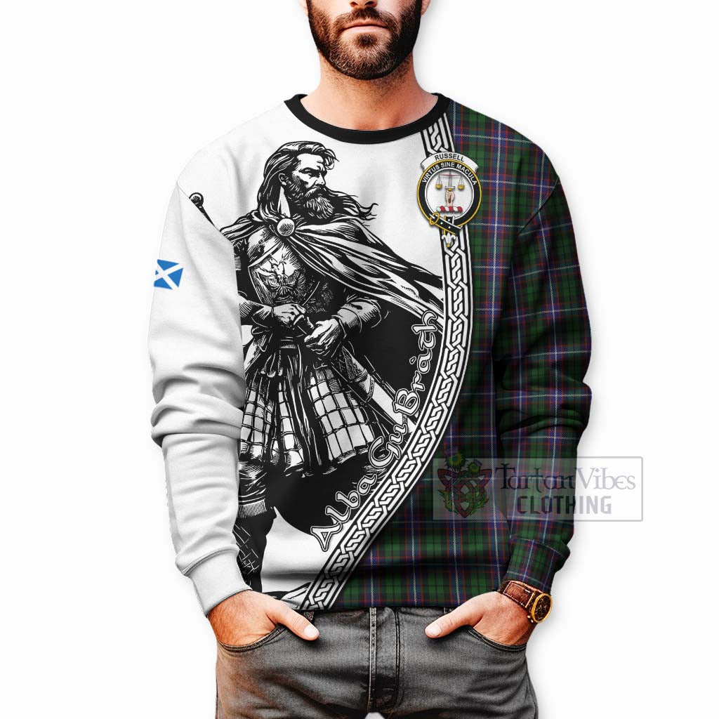 Russell Tartan Clan Crest Sweatshirt with Highlander Warrior Celtic Style - Tartan Vibes Clothing