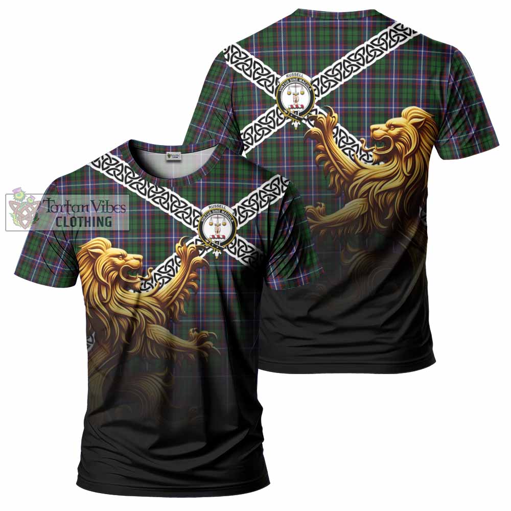 Russell Crest Tartan T-Shirt with Golden Lion Emblem Celtic Style - Tartan Vibes Clothing
