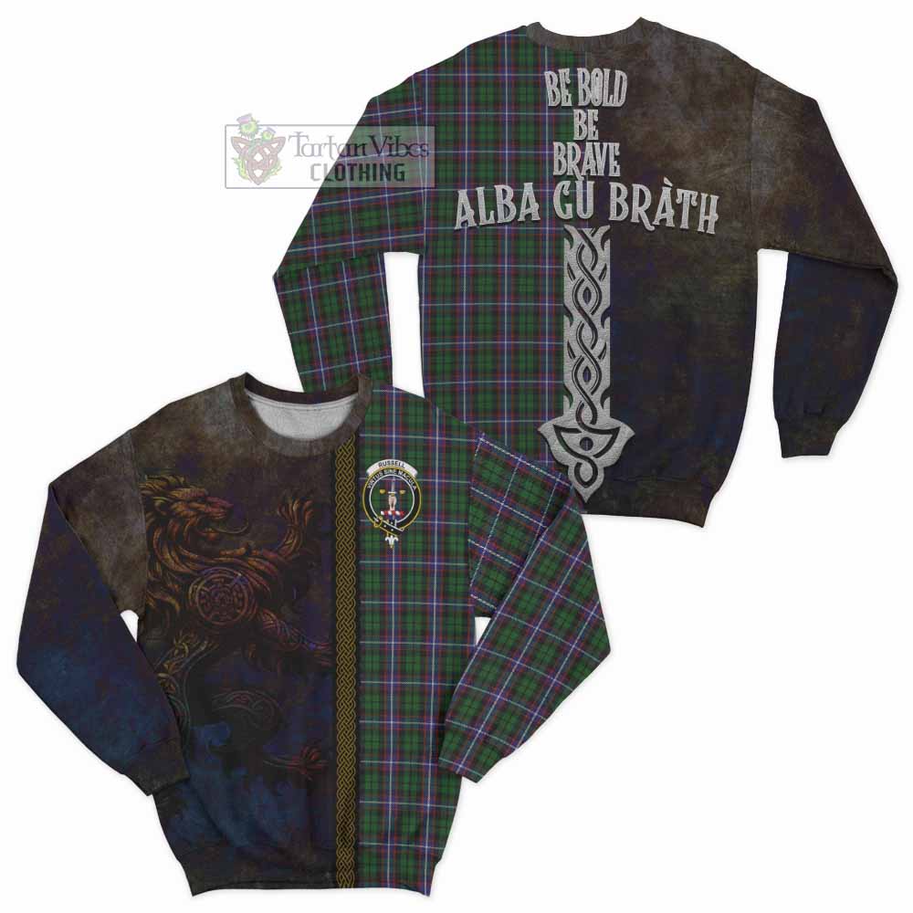 Russell Tartan Family Crest Sweatshirt Alba Gu Brath Be Brave Lion Ancient Style - Tartan Vibes Clothing