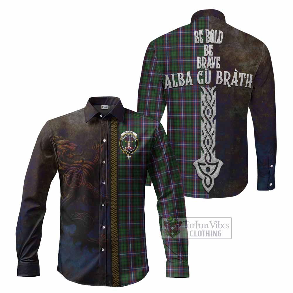 Russell Tartan Family Crest Long Sleeve Button Shirt Alba Gu Brath Be Brave Lion Ancient Style - Tartan Vibes Clothing