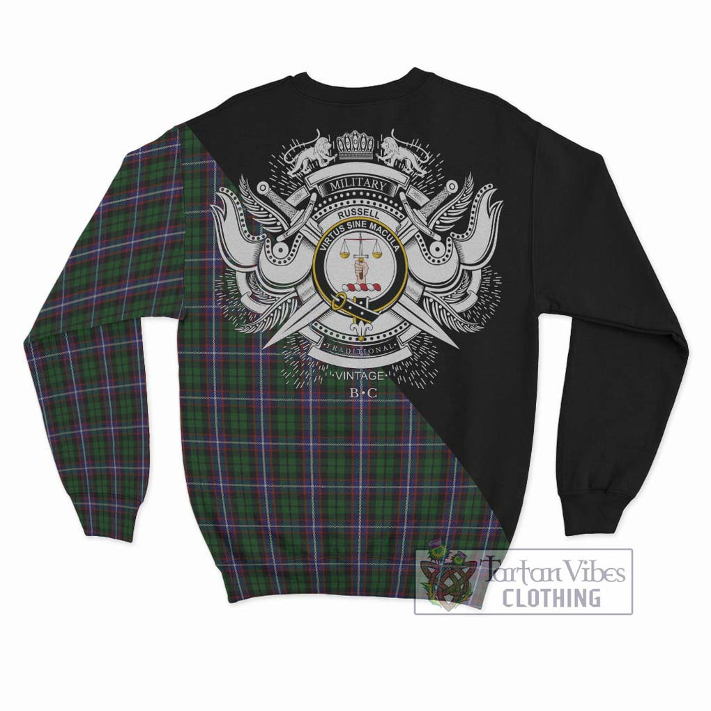 Russell Tartan Sweatshirt with Family Crest and Military Logo Style - Tartan Vibes Clothing