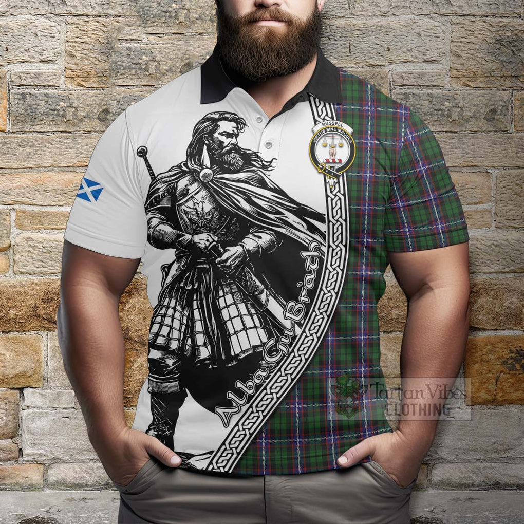 Russell Tartan Clan Crest Polo Shirt with Highlander Warrior Celtic Style - Tartan Vibes Clothing