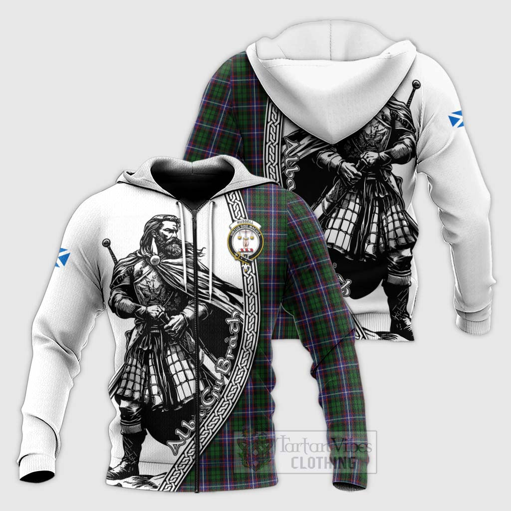 Russell Tartan Clan Crest Knitted Hoodie with Highlander Warrior Celtic Style Unisex Knitted Zip Hoodie - Tartan Vibes Clothing