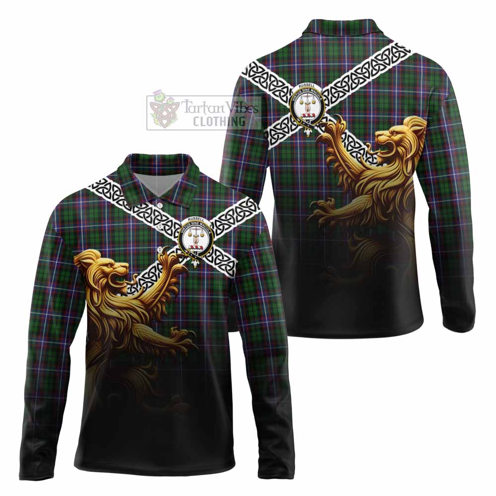 Russell Crest Tartan Long Sleeve Polo Shirt with Golden Lion Emblem Celtic Style - Tartan Vibes Clothing