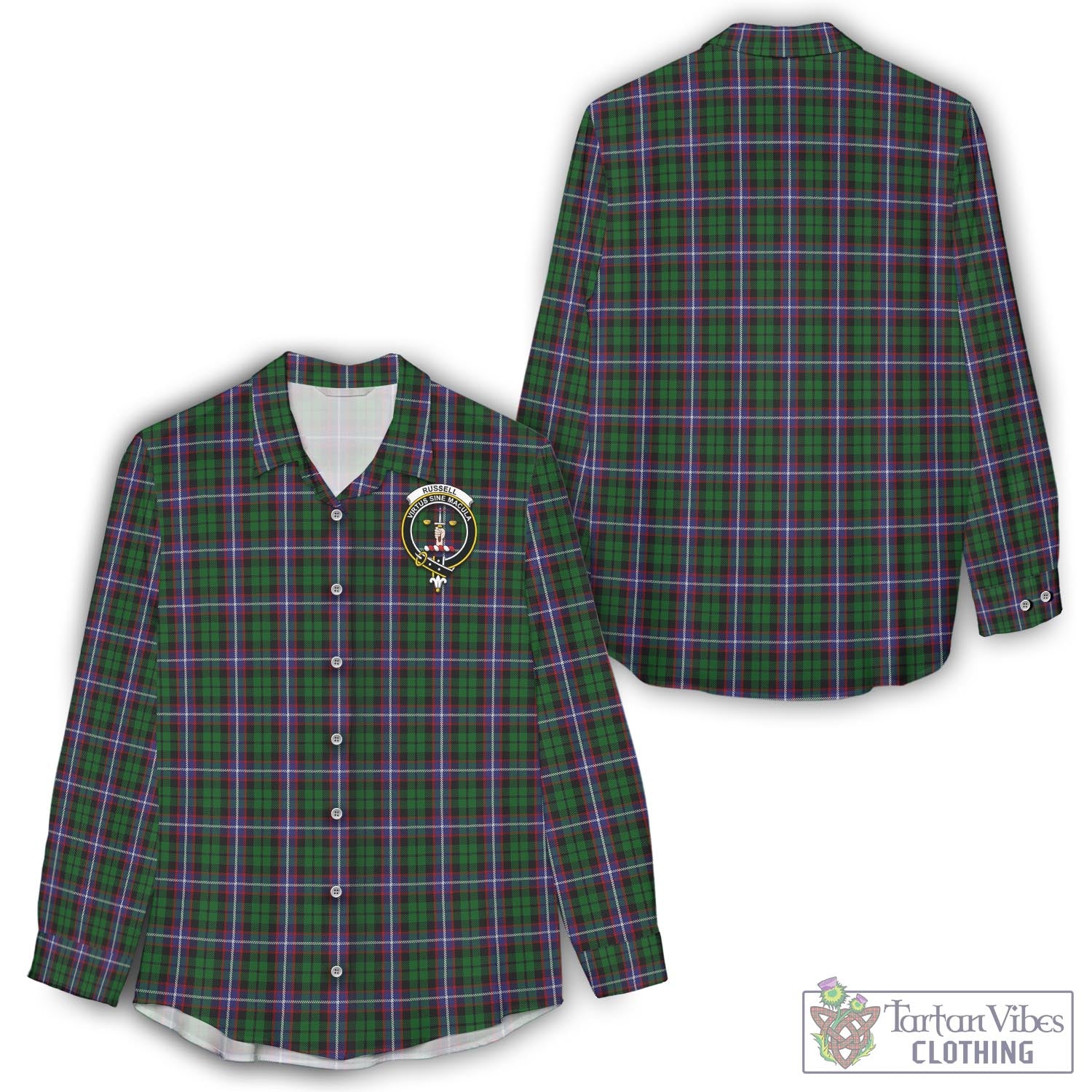 Russell Tartan Women's Casual Shirt with Family Crest - Tartan Vibes Clothing
