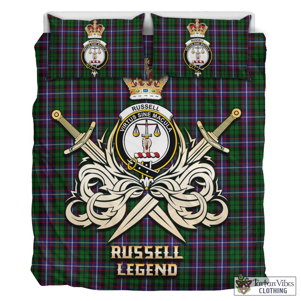 Tartan Vibes Clothing Russell Tartan Bedding Set with Clan Crest and the Golden Sword of Courageous Legacy