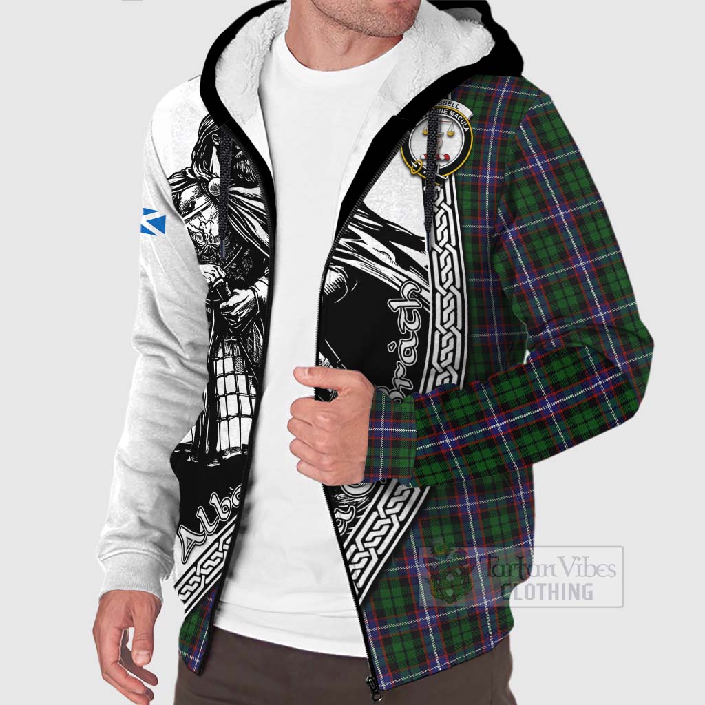 Russell Tartan Clan Crest Sherpa Hoodie with Highlander Warrior Celtic Style Unisex - Tartan Vibes Clothing