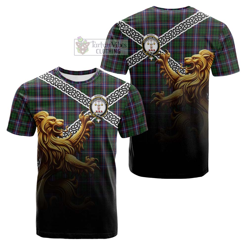 Russell Crest Tartan Cotton T-shirt with Golden Lion Emblem Celtic Style - Tartan Vibes Clothing