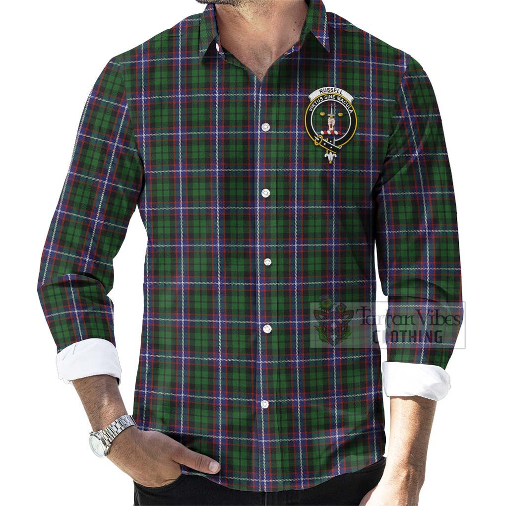 Russell Tartan Long Sleeve Button Shirt with Family Crest Celtic Skull Style - Tartan Vibes Clothing