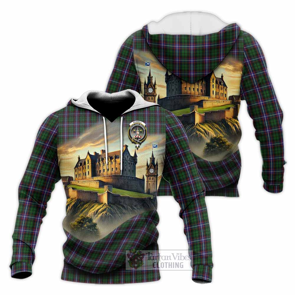 Russell Tartan Family Crest Knitted Hoodie with Scottish Ancient Castle Style - Tartan Vibes Clothing