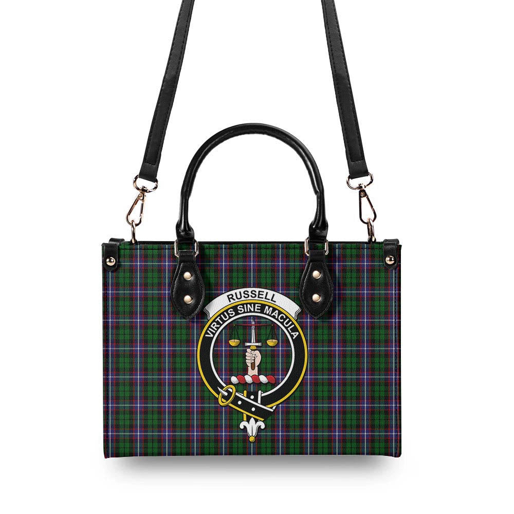 Russell Tartan Luxury Leather Handbags with Family Crest L - Tartan Vibes Clothing