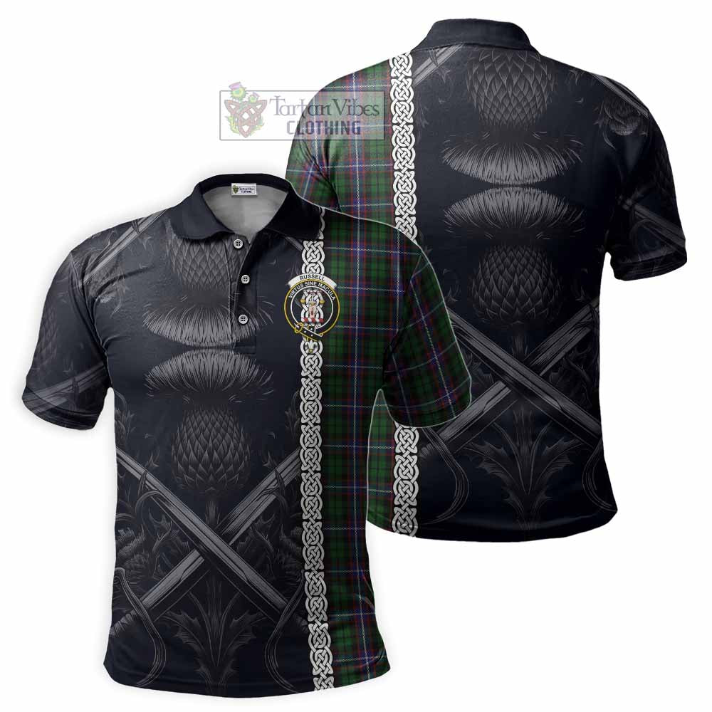 Russell Tartan Polo Shirt with Family Crest Cross Sword Thistle Celtic Vibes - Tartan Vibes Clothing