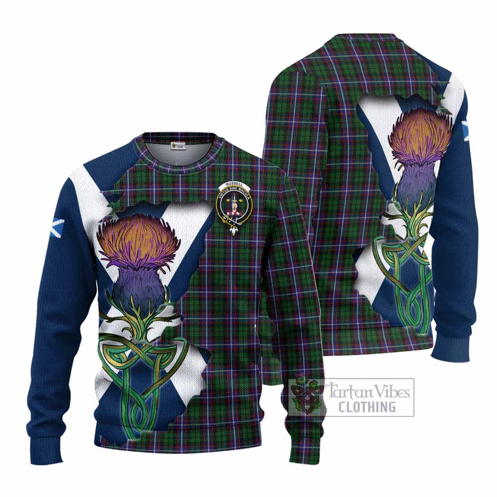 Tartan Vibes Clothing Russell Tartan Family Crest Knitted Sweater Scottish Thistle Celtic Inspired