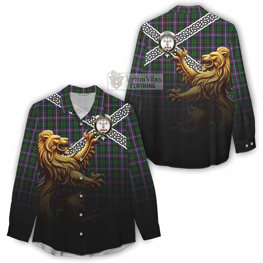 Russell Crest Tartan Women's Casual Shirt with Golden Lion Emblem Celtic Style - Tartan Vibes Clothing