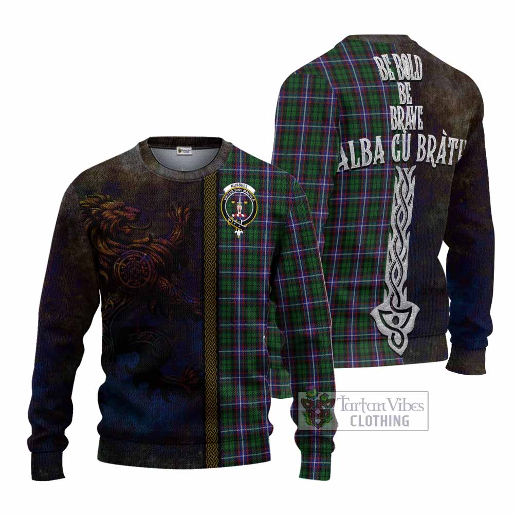 Russell Tartan Family Crest Knitted Sweater Alba Gu Brath Be Brave Lion Ancient Style - Tartan Vibes Clothing