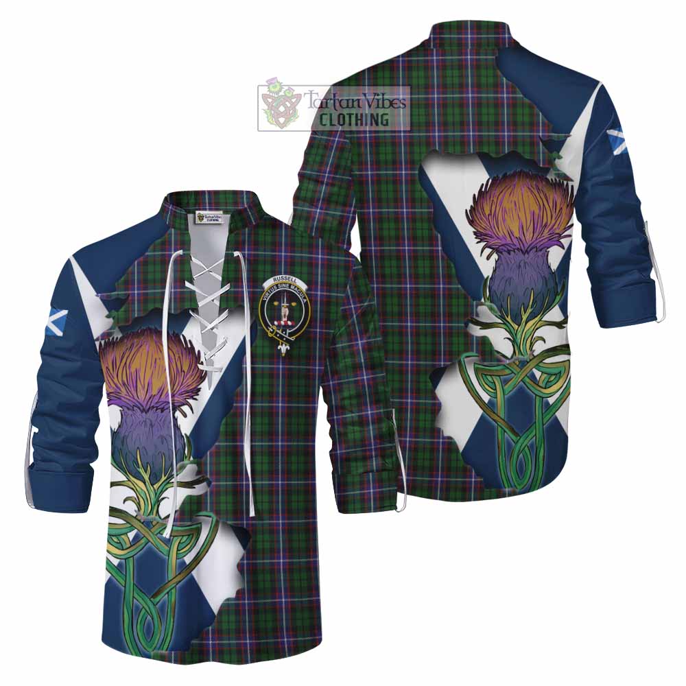 Tartan Vibes Clothing Russell Tartan Family Crest Ghillie Kilt Shirt Scottish Thistle Celtic Inspired