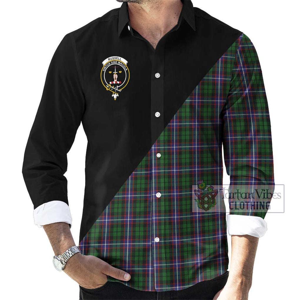 Russell Tartan Long Sleeve Button Shirt with Family Crest and Military Logo Style - Tartanvibesclothing Shop