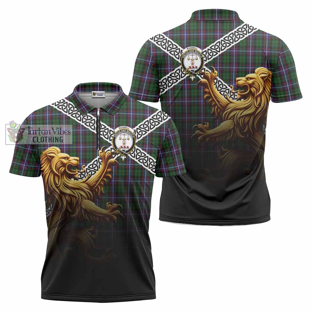 Russell Crest Tartan Zipper Polo Shirt with Golden Lion Emblem Celtic Style - Tartan Vibes Clothing