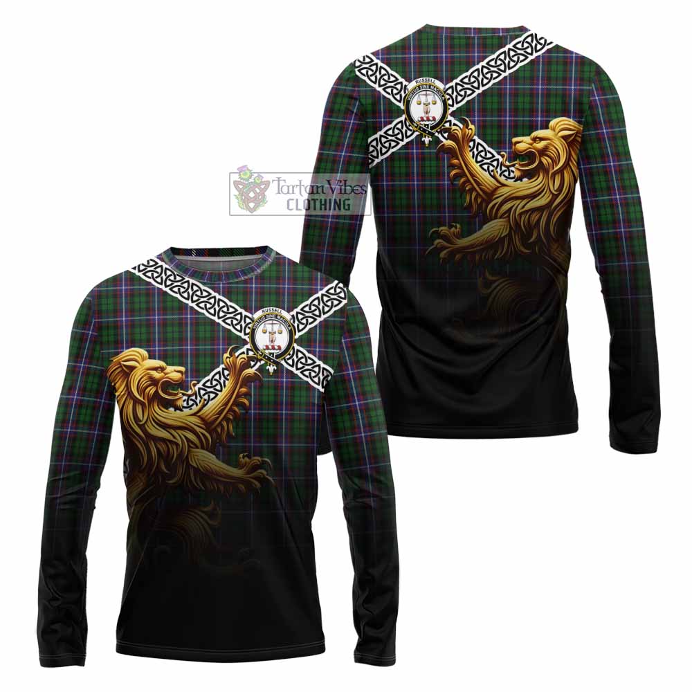 Russell Crest Tartan Long Sleeve T-Shirt with Golden Lion Emblem Celtic Style - Tartan Vibes Clothing