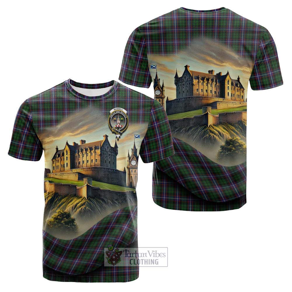 Russell Tartan Family Crest Cotton T-shirt with Scottish Ancient Castle Style - Tartan Vibes Clothing