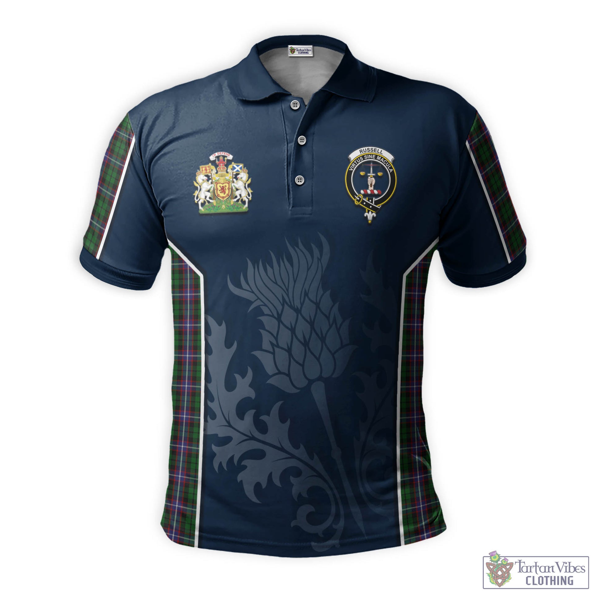 Tartan Vibes Clothing Russell Tartan Men's Polo Shirt with Family Crest and Scottish Thistle Vibes Sport Style