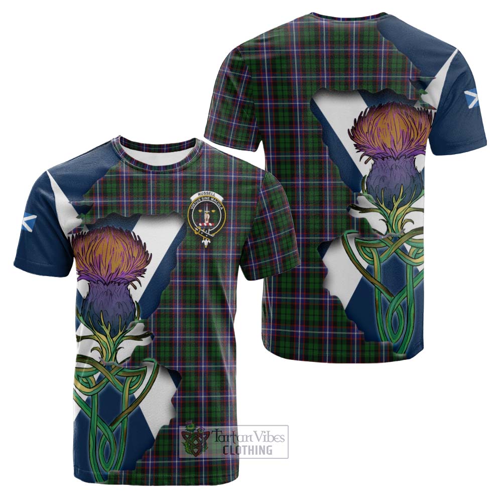 Tartan Vibes Clothing Russell Tartan Family Crest Cotton T-shirt Scottish Thistle Celtic Inspired