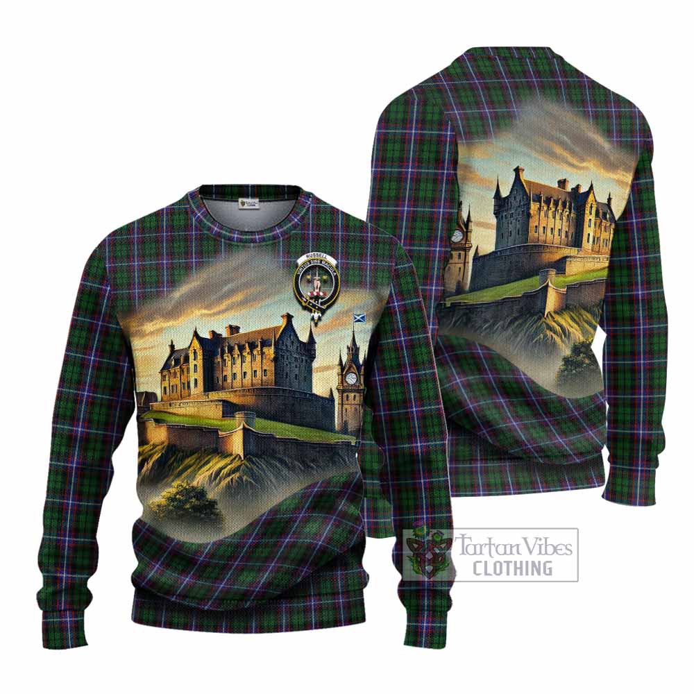 Russell Tartan Family Crest Knitted Sweater with Scottish Ancient Castle Style - Tartan Vibes Clothing