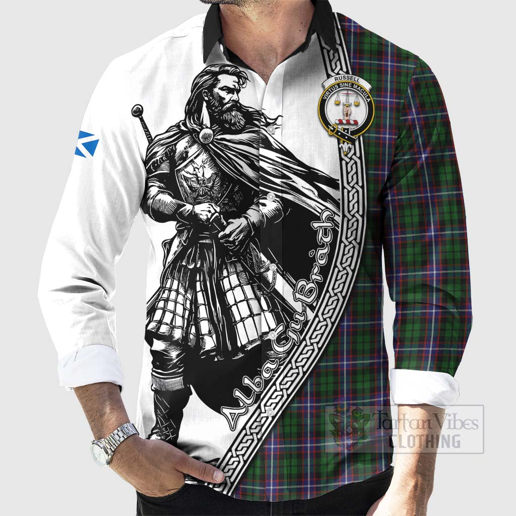 Russell Tartan Clan Crest Long Sleeve Button Shirt with Highlander Warrior Celtic Style - Tartan Vibes Clothing