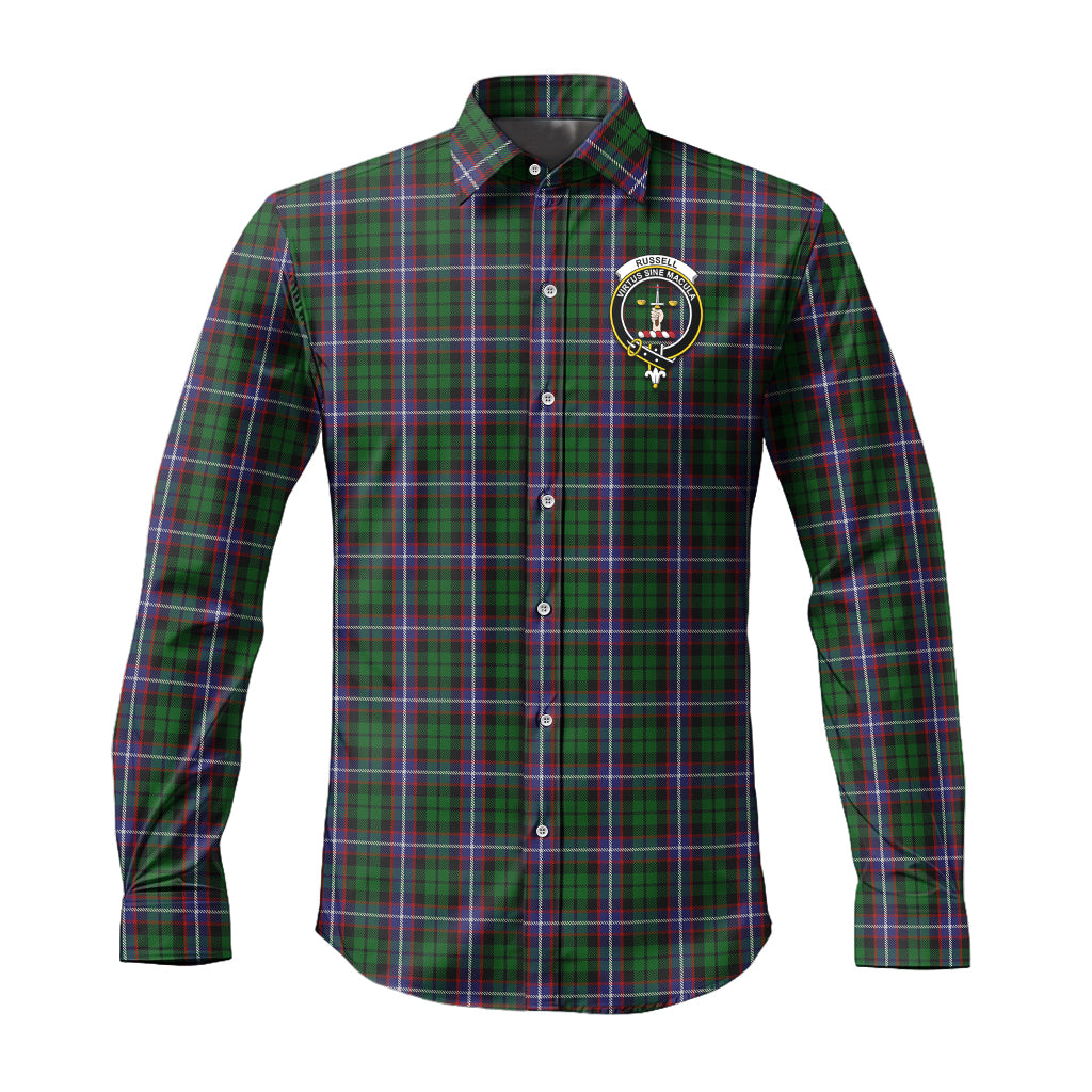 Russell Tartan Long Sleeve Button Up Shirt with Family Crest Men's Shirt - Tartan Vibes Clothing