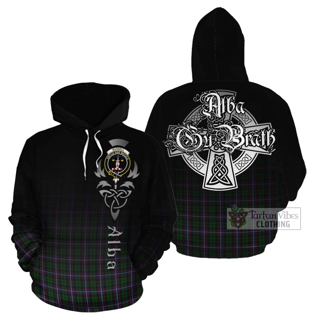Tartan Vibes Clothing Russell Tartan Cotton Hoodie Featuring Alba Gu Brath Family Crest Celtic Inspired
