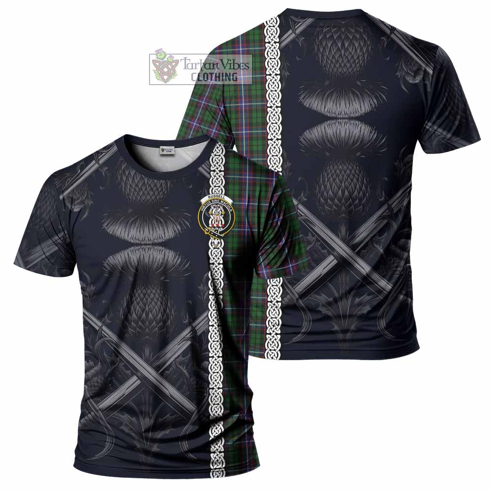 Russell Tartan T-Shirt with Family Crest Cross Sword Thistle Celtic Vibes - Tartan Vibes Clothing