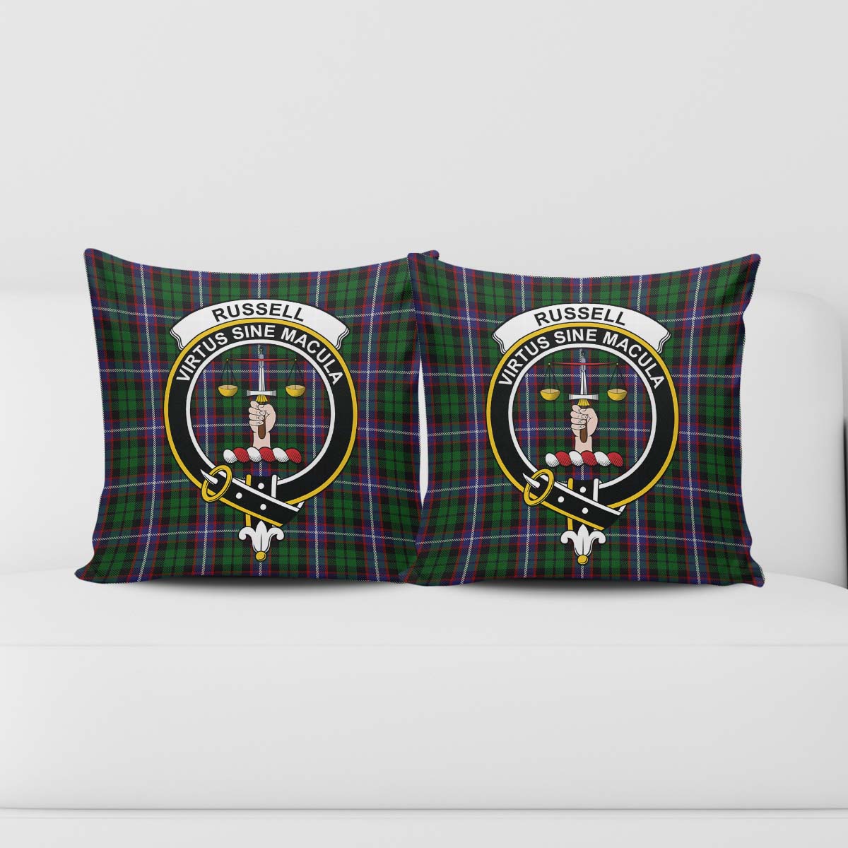 Russell Tartan Pillow Cover with Family Crest - Tartan Vibes Clothing