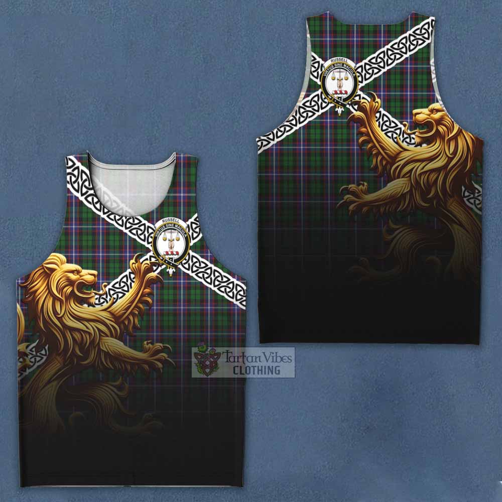 Russell Crest Tartan Men's Tank Top with Golden Lion Emblem Celtic Style - Tartan Vibes Clothing