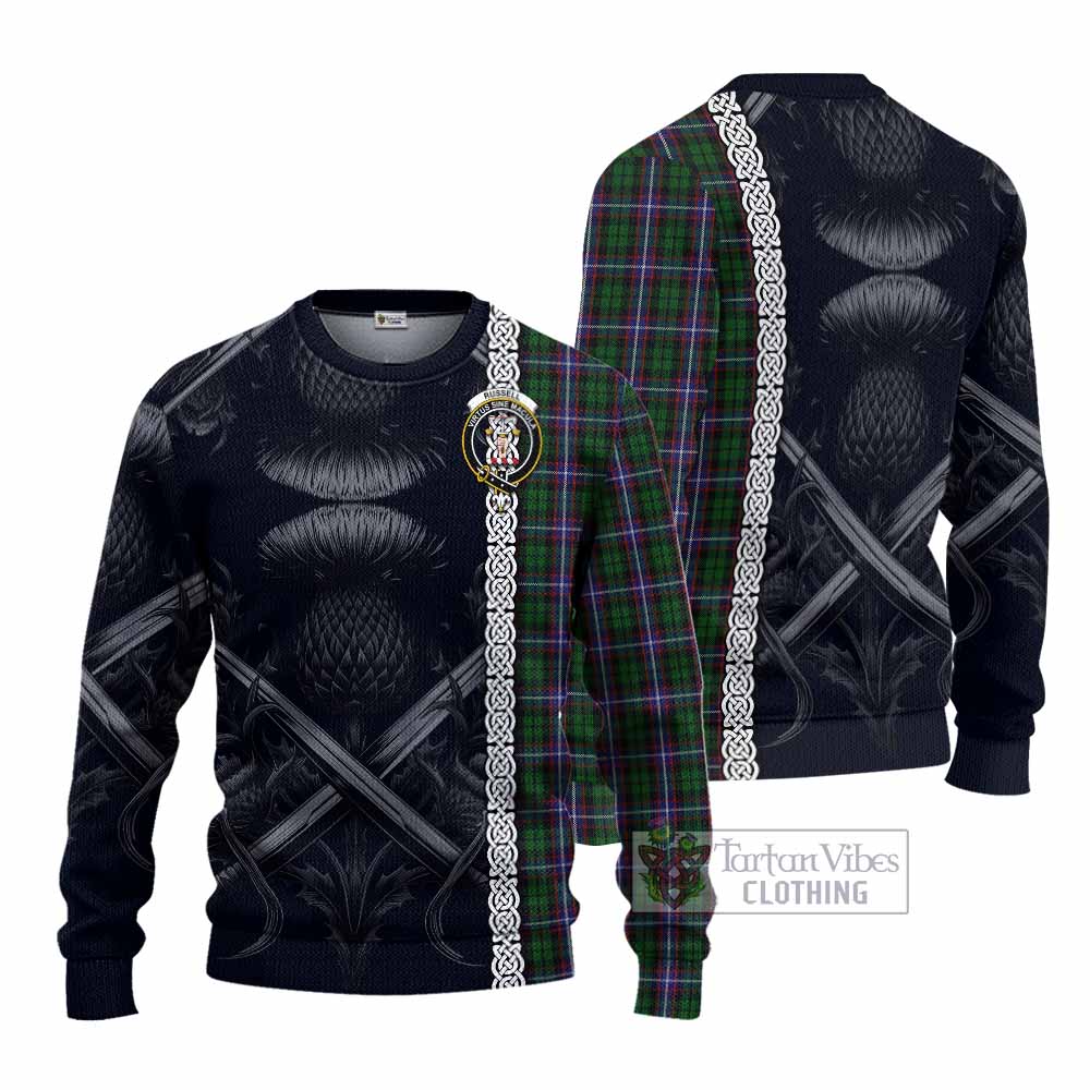 Russell Tartan Knitted Sweater with Family Crest Cross Sword Thistle Celtic Vibes - Tartan Vibes Clothing