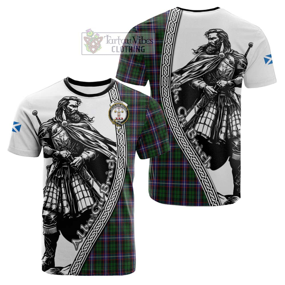 Russell Tartan Clan Crest Cotton T-shirt with Highlander Warrior Celtic Style - Tartan Vibes Clothing