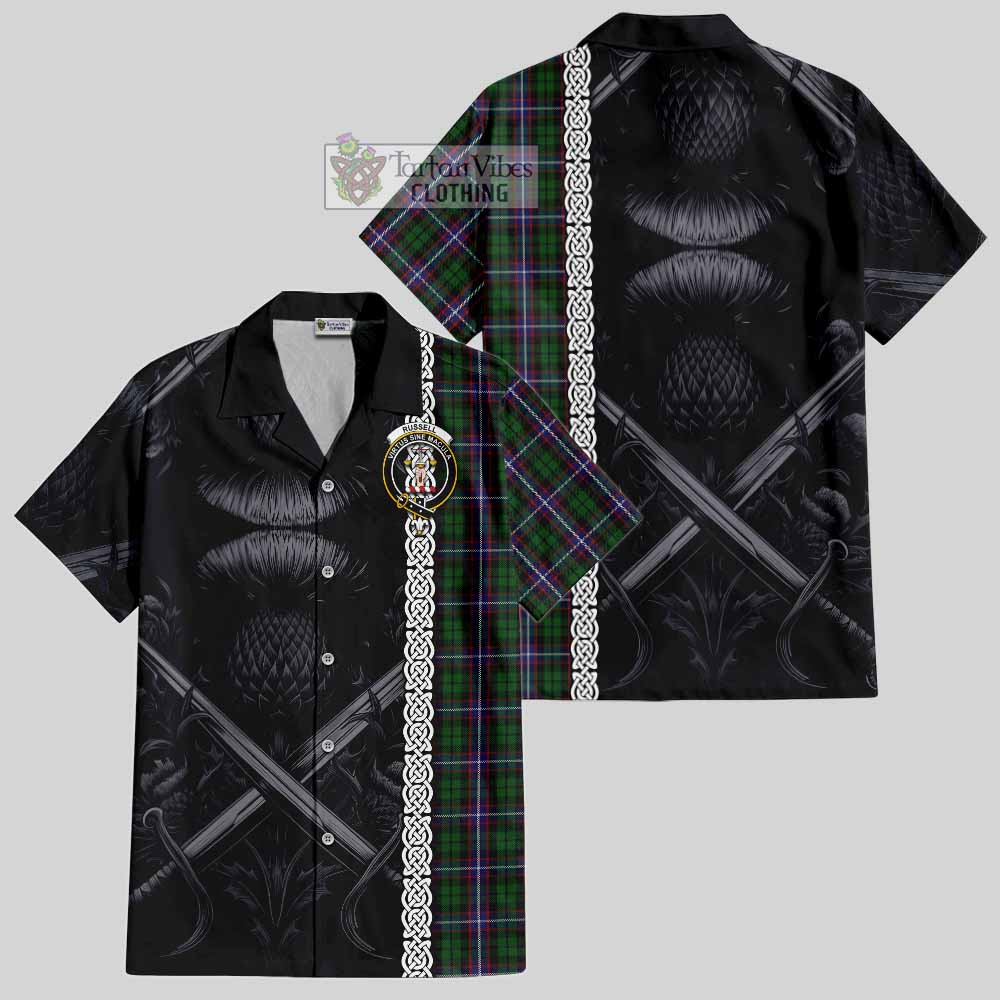 Russell Tartan Hawaiian Shirt with Family Crest Cross Sword Thistle Celtic Vibes - Tartan Vibes Clothing