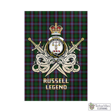 Russell Tartan Garden Flag with Clan Crest and the Golden Sword of Courageous Legacy