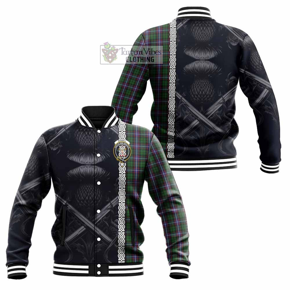 Russell Tartan Baseball Jacket with Family Crest Cross Sword Thistle Celtic Vibes - Tartan Vibes Clothing