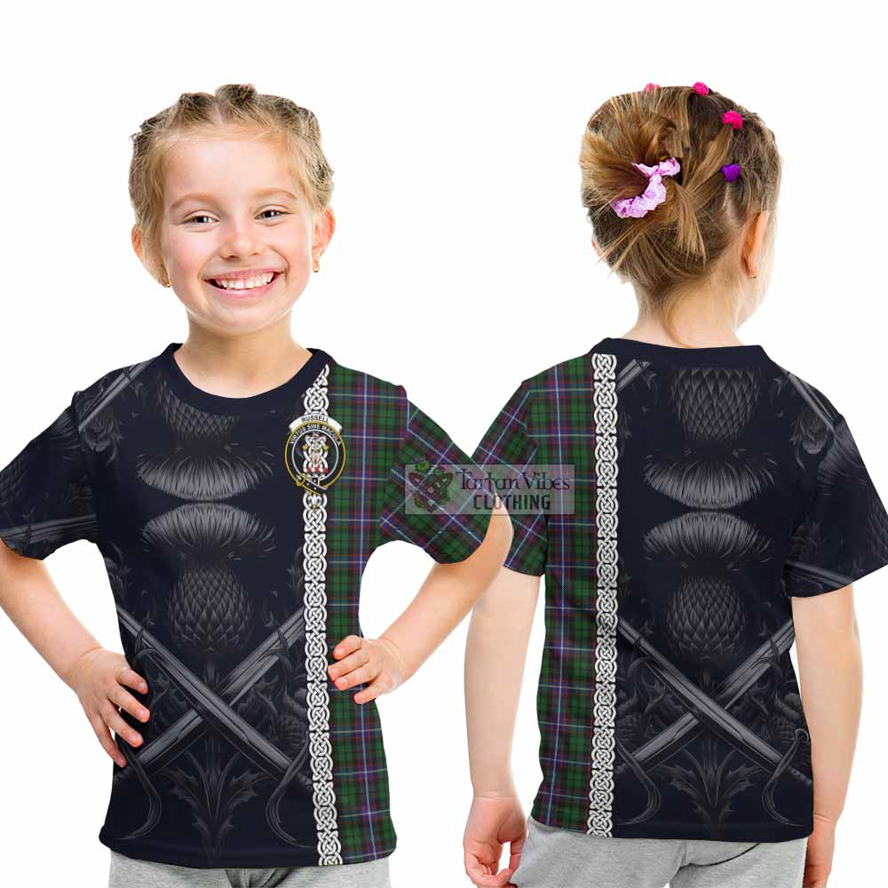 Russell Tartan Kid T-Shirt with Family Crest Cross Sword Thistle Celtic Vibes - Tartan Vibes Clothing