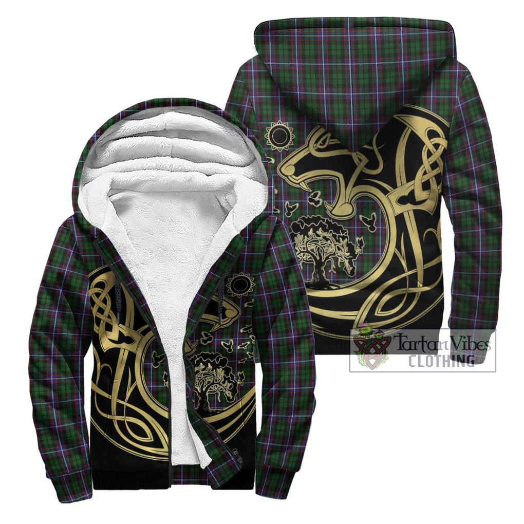 Russell Tartan Sherpa Hoodie with Family Crest Celtic Wolf Style Unisex - Tartan Vibes Clothing