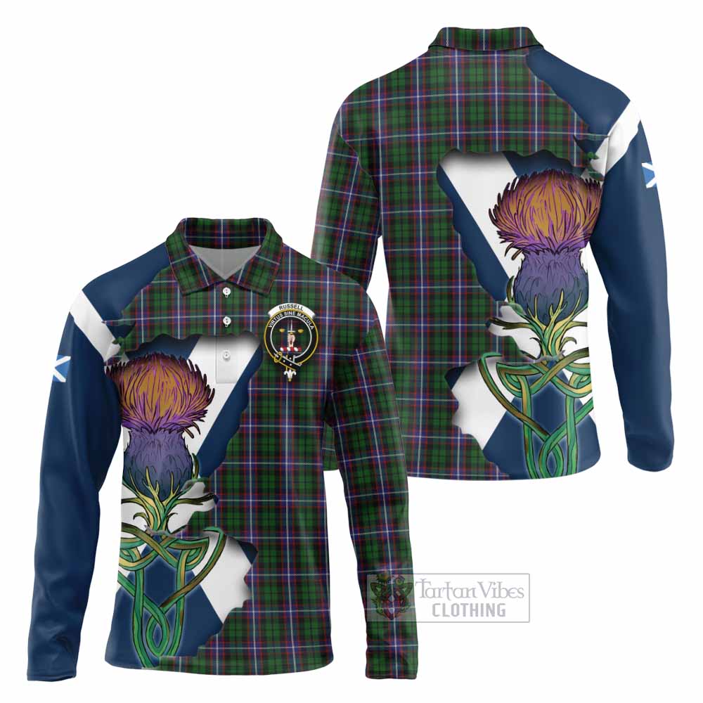 Tartan Vibes Clothing Russell Tartan Family Crest Long Sleeve Polo Shirt Scottish Thistle Celtic Inspired