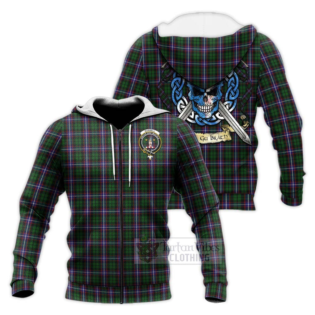 Russell Tartan Knitted Hoodie with Family Crest Celtic Skull Style Unisex Knitted Zip Hoodie - Tartan Vibes Clothing