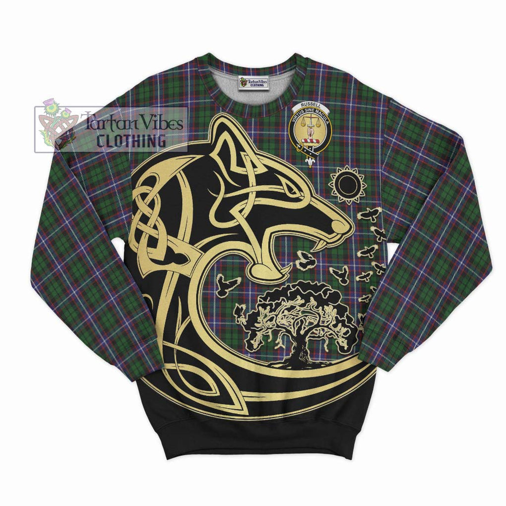 Russell Tartan Sweatshirt with Family Crest Celtic Wolf Style - Tartan Vibes Clothing