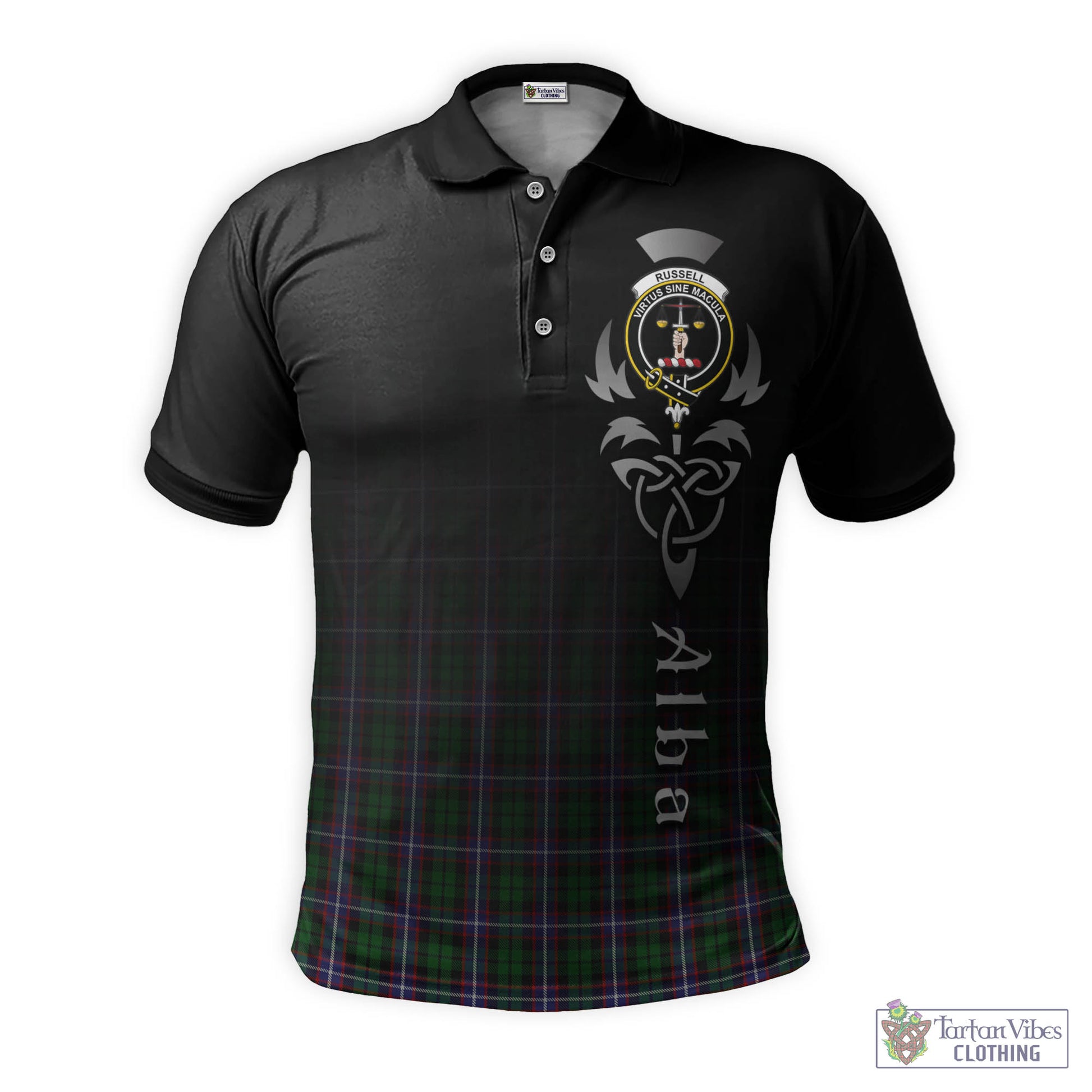 Russell Tartan Polo Shirt Featuring Alba Gu Brath Family Crest Celtic Inspired - Tartan Vibes Clothing