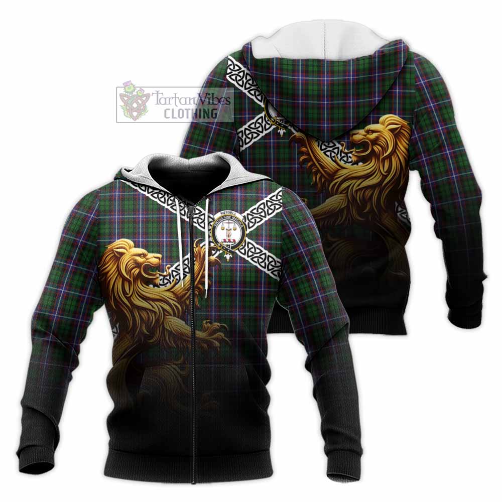 Russell Crest Tartan Knitted Hoodie with Golden Lion Emblem Celtic Style Unisex Knitted Zip Hoodie - Tartan Vibes Clothing