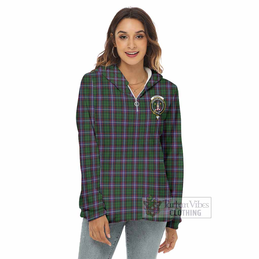 Russell Tartan Women's Borg Fleece Hoodie with Half Zip with Family Crest - Tartan Vibes Clothing