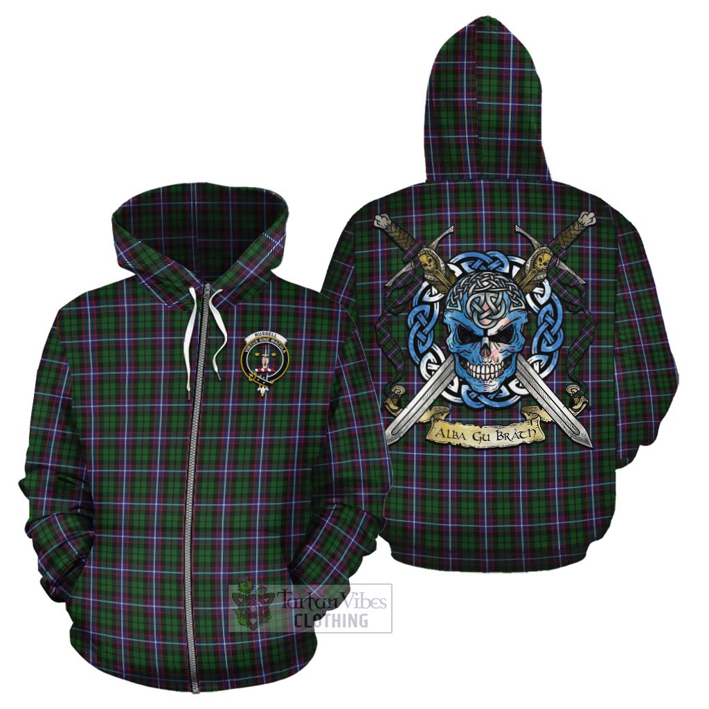Russell Tartan Cotton Hoodie with Family Crest Celtic Skull Style - Tartan Vibes Clothing