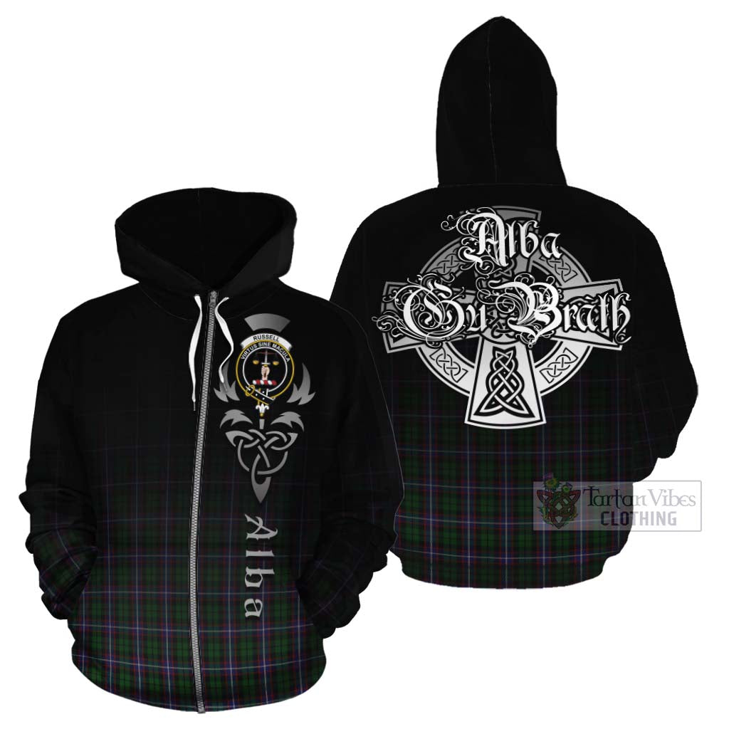 Tartan Vibes Clothing Russell Tartan Cotton Hoodie Featuring Alba Gu Brath Family Crest Celtic Inspired